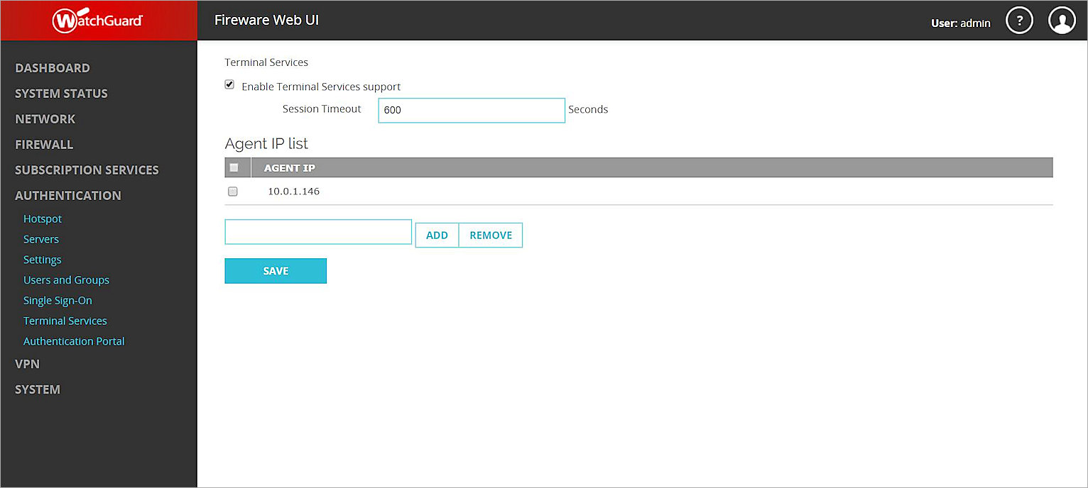 Terminal Services page in Fireware Web UI